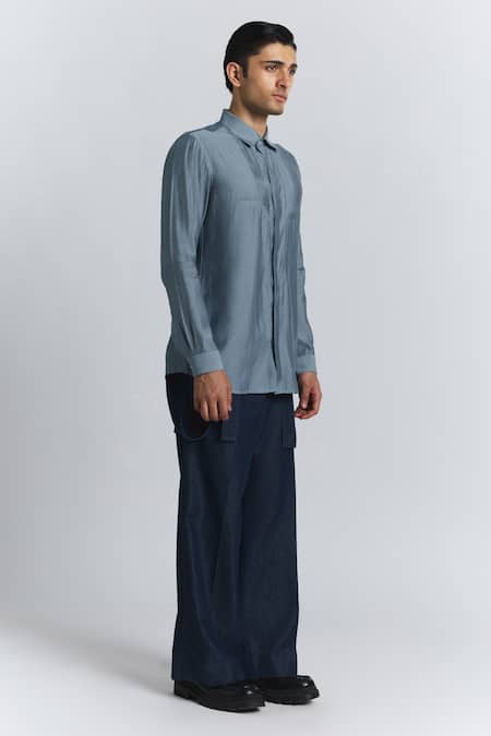 Line Out Line_Gray Chanderi Essentialist Pintuck Shirt _Online_at_Aza_Fashions