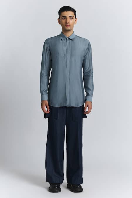 Buy_Line Out Line_Gray Chanderi Essentialist Pintuck Shirt _Online_at_Aza_Fashions