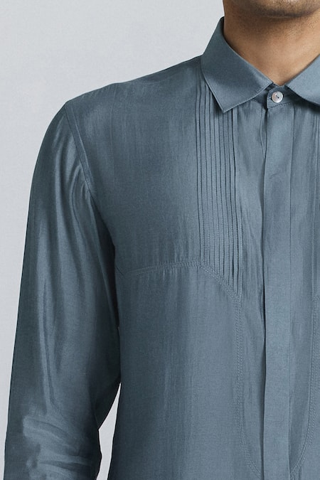 Shop_Line Out Line_Gray Chanderi Essentialist Pintuck Shirt _Online_at_Aza_Fashions