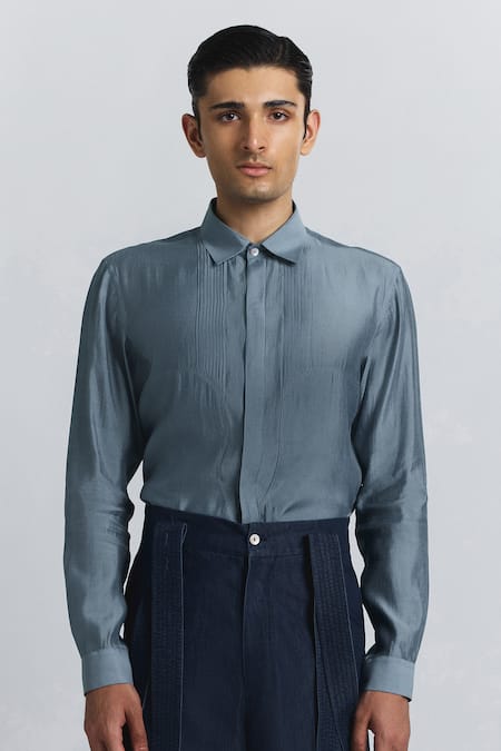 Line Out Line_Gray Chanderi Essentialist Pintuck Shirt _at_Aza_Fashions