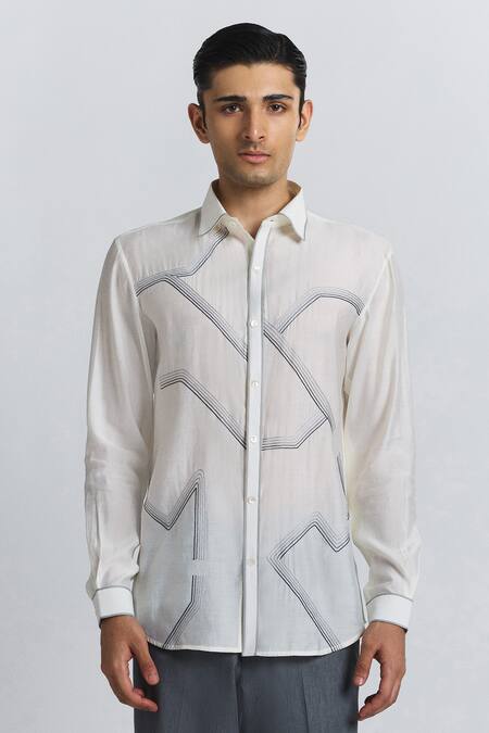 Line Out Line Off White Chanderi Embroidery Gradient Fade Shirt 