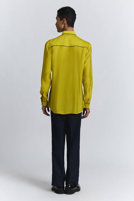 Shop_Line Out Line_Green Chanderi Embroidery Gradient Fade Shirt _at_Aza_Fashions