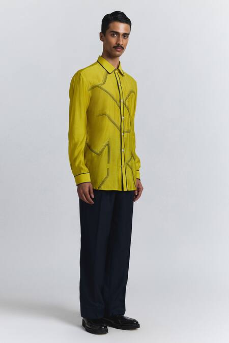 Line Out Line_Green Chanderi Embroidery Gradient Fade Shirt _Online_at_Aza_Fashions