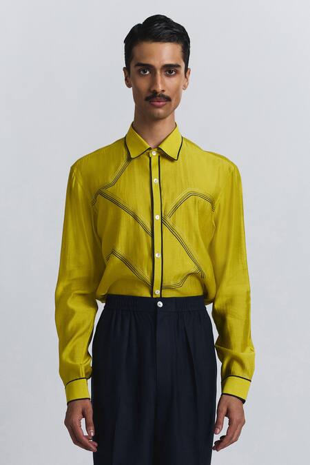 Shop_Line Out Line_Green Chanderi Embroidery Gradient Fade Shirt _Online_at_Aza_Fashions