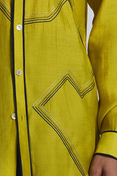 Line Out Line_Green Chanderi Embroidery Gradient Fade Shirt _at_Aza_Fashions