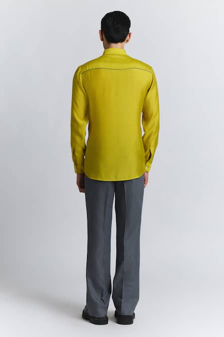 Line Out Line_Green Chanderi Embroidery, Metallic Thread The Abstract Shirt _Online_at_Aza_Fashions