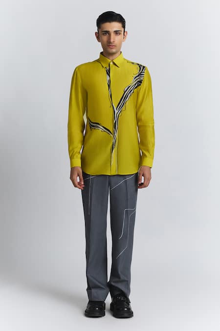 Buy_Line Out Line_Green Chanderi Embroidery, Metallic Thread The Abstract Shirt _Online_at_Aza_Fashions