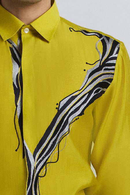 Shop_Line Out Line_Green Chanderi Embroidery, Metallic Thread The Abstract Shirt _Online_at_Aza_Fashions