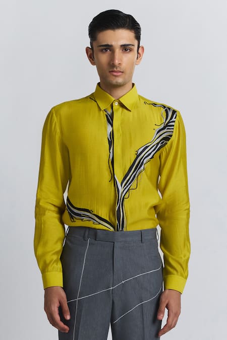 Line Out Line_Green Chanderi Embroidery, Metallic Thread The Abstract Shirt _at_Aza_Fashions