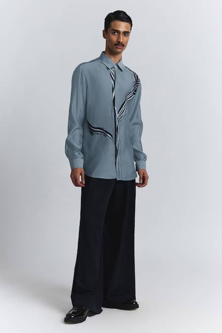 Line Out Line_Gray Chanderi Embroidery The Abstract Shirt _Online_at_Aza_Fashions