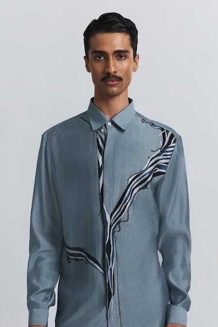 Buy_Line Out Line_Gray Chanderi Embroidery The Abstract Shirt _Online_at_Aza_Fashions