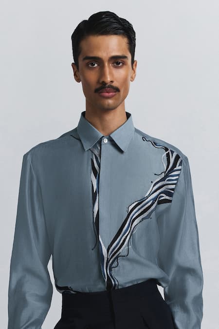 Shop_Line Out Line_Gray Chanderi Embroidery The Abstract Shirt _Online_at_Aza_Fashions