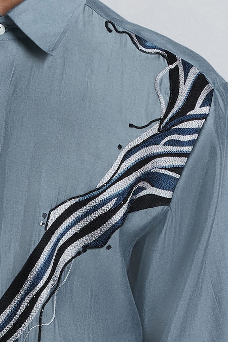 Line Out Line_Gray Chanderi Embroidery The Abstract Shirt _at_Aza_Fashions