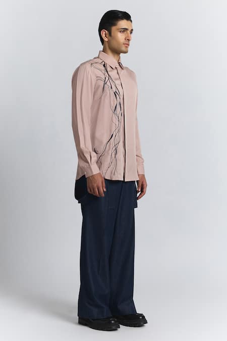 Line Out Line_Pink Tencel, Twill Embroidery Polylineal Shirt _Online_at_Aza_Fashions