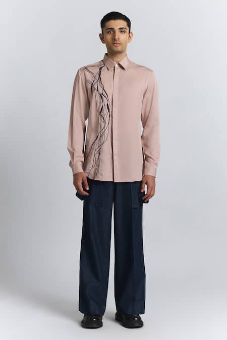 Buy_Line Out Line_Pink Tencel, Twill Embroidery Polylineal Shirt _Online_at_Aza_Fashions