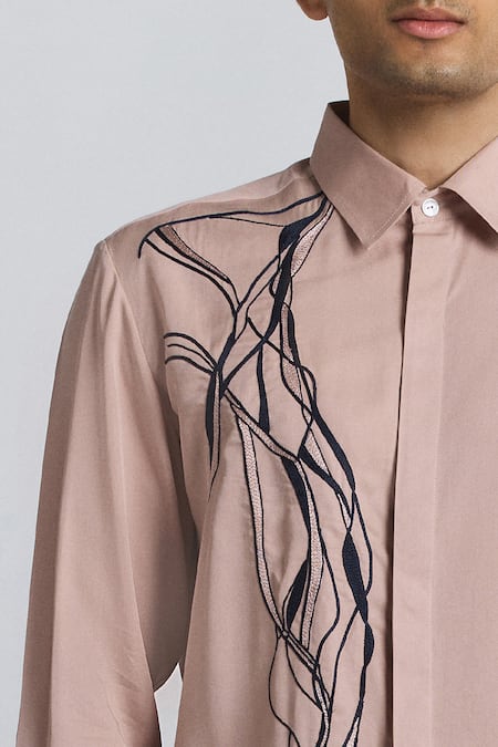 Shop_Line Out Line_Pink Tencel, Twill Embroidery Polylineal Shirt _Online_at_Aza_Fashions