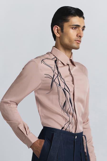 Line Out Line_Pink Tencel, Twill Embroidery Polylineal Shirt _at_Aza_Fashions