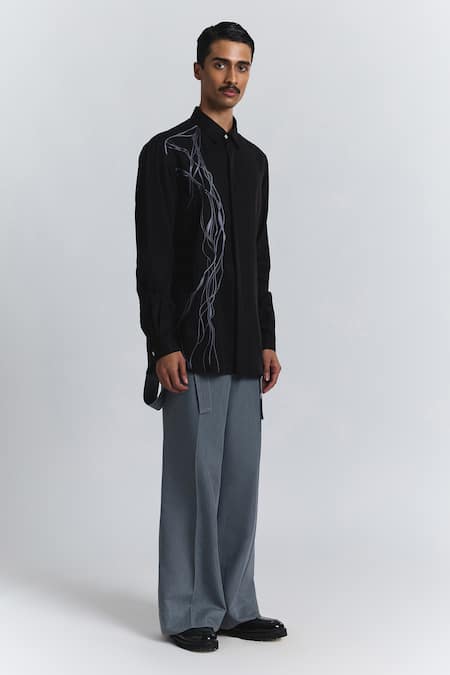 Line Out Line_Black Tencel, Twill Embroidery Polylineal Shirt _Online_at_Aza_Fashions