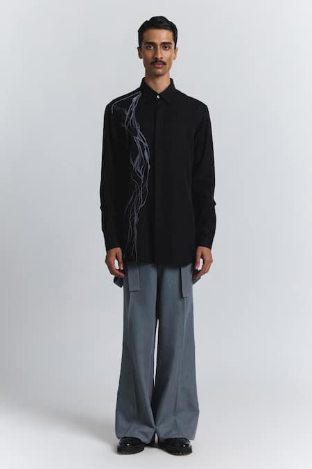 Buy_Line Out Line_Black Tencel, Twill Embroidery Polylineal Shirt _Online_at_Aza_Fashions