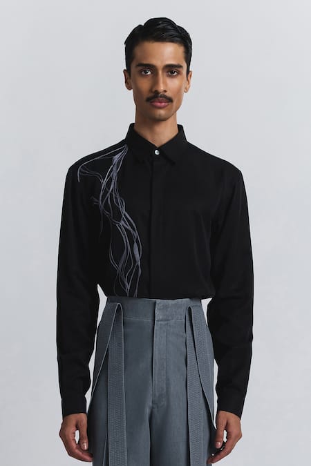 Shop_Line Out Line_Black Tencel, Twill Embroidery Polylineal Shirt _Online_at_Aza_Fashions