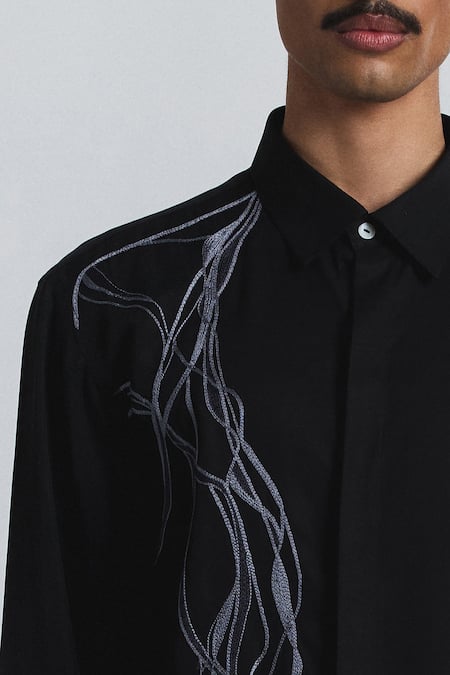 Line Out Line_Black Tencel, Twill Embroidery Polylineal Shirt _at_Aza_Fashions