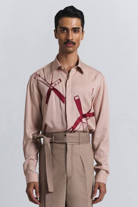 Shop Line Out Line Pink Tencel, Twill Embroidery Axis Shirt Online at Aza Fashions Shop_Line Out Line_Pink Tencel, Twill Embroidery Axis Shirt _Online_at_Aza_Fashions