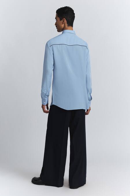 Shop Line Out Line Sky Blue Tencel, Twill Embroidery Axis Shirt at Aza Fashions Shop_Line Out Line_Sky Blue Tencel, Twill Embroidery Axis Shirt _at_Aza_Fashions