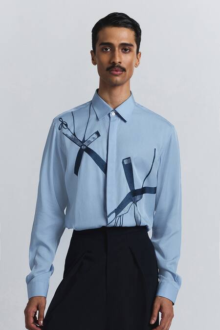 Buy Line Out Line Sky Blue Tencel, Twill Embroidery Axis Shirt Online at Aza Fashions Buy_Line Out Line_Sky Blue Tencel, Twill Embroidery Axis Shirt _Online_at_Aza_Fashions