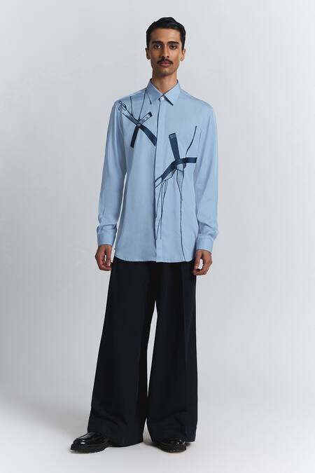 Shop Line Out Line Sky Blue Tencel, Twill Embroidery Axis Shirt Online at Aza Fashions Shop_Line Out Line_Sky Blue Tencel, Twill Embroidery Axis Shirt _Online_at_Aza_Fashions