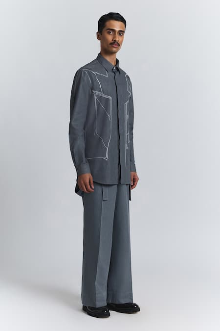 Buy_Line Out Line_Gray Denim Embroidery Classic Torrent Shirt _Online_at_Aza_Fashions