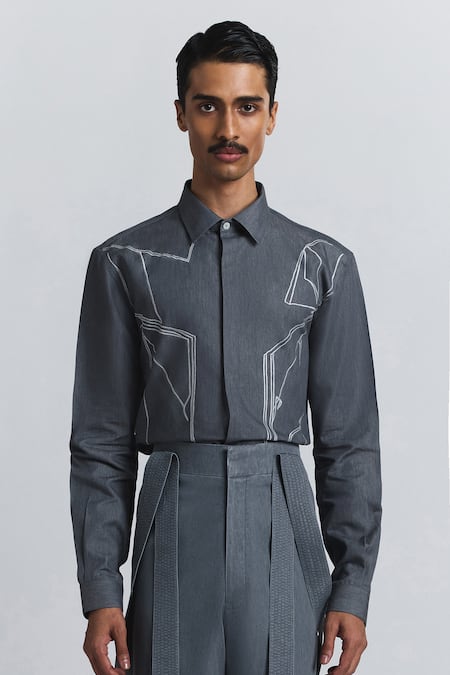 Shop_Line Out Line_Gray Denim Embroidery Classic Torrent Shirt _Online_at_Aza_Fashions