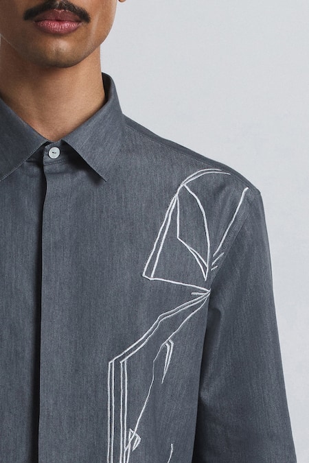 Line Out Line_Gray Denim Embroidery Classic Torrent Shirt _at_Aza_Fashions