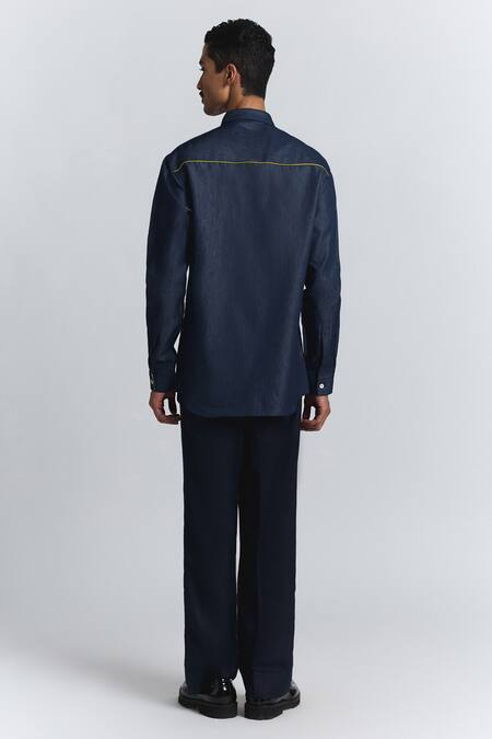 Shop Line Out Line Blue Denim Embroidery Torrent Shirt at Aza Fashions Shop_Line Out Line_Blue Denim Embroidery Torrent Shirt _at_Aza_Fashions