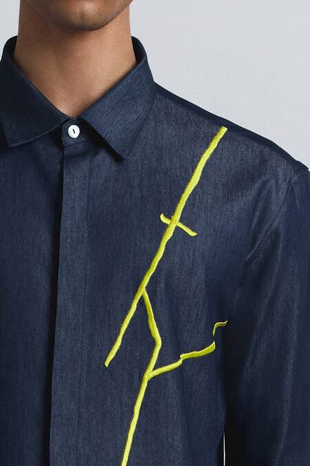 Line Out Line Blue Denim Embroidery Torrent Shirt at Aza Fashions Line Out Line_Blue Denim Embroidery Torrent Shirt _at_Aza_Fashions