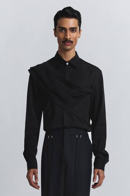 Shop Line Out Line Black Tencel, Twill Augmented Drape Shirt Online at Aza Fashions Shop_Line Out Line_Black Tencel, Twill Augmented Drape Shirt _Online_at_Aza_Fashions