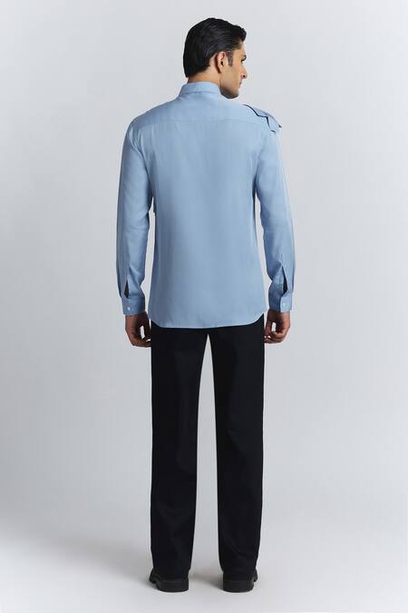 Shop Line Out Line Sky Blue Tencel, Twill Augmented Drape Shirt at Aza Fashions Shop_Line Out Line_Sky Blue Tencel, Twill Augmented Drape Shirt _at_Aza_Fashions