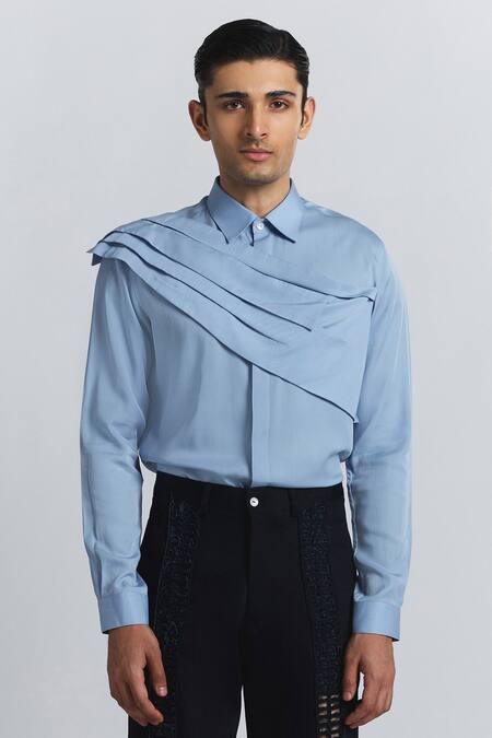 Line Out Line Sky Blue Tencel, Twill Augmented Drape Shirt Online at Aza Fashions Line Out Line_Sky Blue Tencel, Twill Augmented Drape Shirt _Online_at_Aza_Fashions