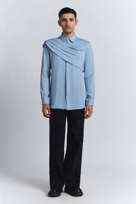 Shop Line Out Line Sky Blue Tencel, Twill Augmented Drape Shirt Online at Aza Fashions Shop_Line Out Line_Sky Blue Tencel, Twill Augmented Drape Shirt _Online_at_Aza_Fashions