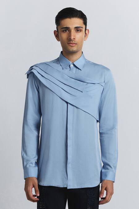 Line Out Line Sky Blue Tencel, Twill Augmented Drape Shirt 