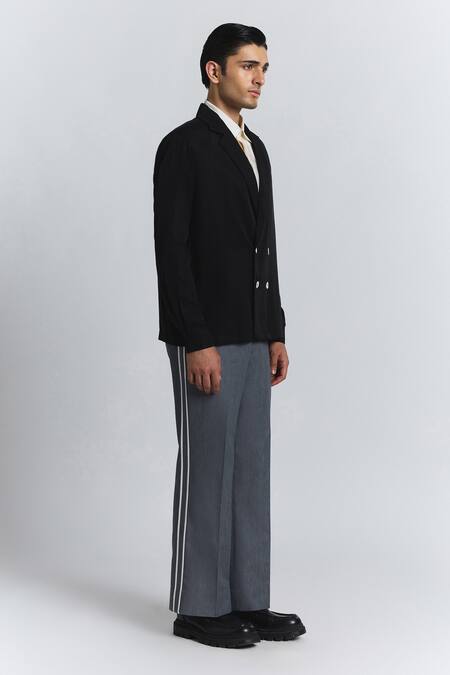 Line Out Line_Black Tencel, Twill Macro Shoulder Blazer _Online_at_Aza_Fashions