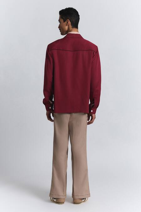 Shop_Line Out Line_Maroon Tencel, Twill Macro Shoulder Blazer _at_Aza_Fashions