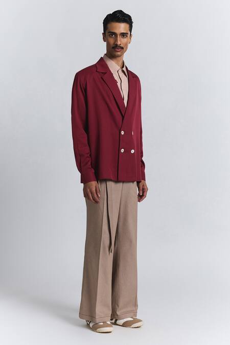 Line Out Line_Maroon Tencel, Twill Macro Shoulder Blazer _Online_at_Aza_Fashions