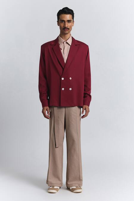 Buy_Line Out Line_Maroon Tencel, Twill Macro Shoulder Blazer _Online_at_Aza_Fashions
