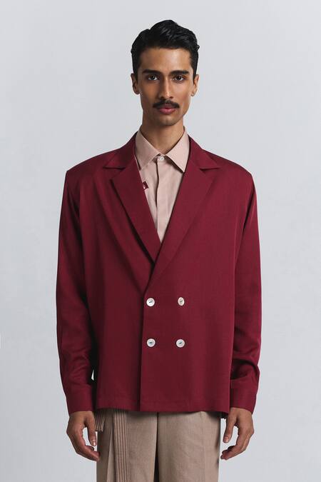 Line Out Line Maroon Tencel, Twill Macro Shoulder Blazer 