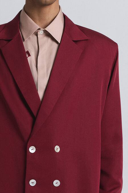 Shop_Line Out Line_Maroon Tencel, Twill Macro Shoulder Blazer _Online_at_Aza_Fashions