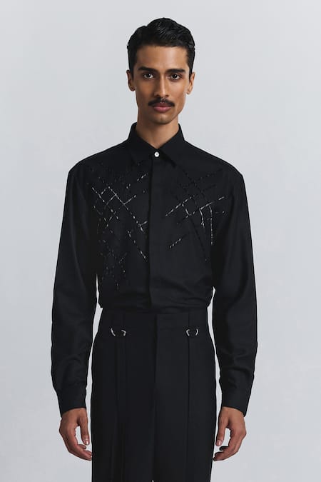 Line Out Line_Black Beads, Embroidery Lunar Grid Shirt _Online_at_Aza_Fashions