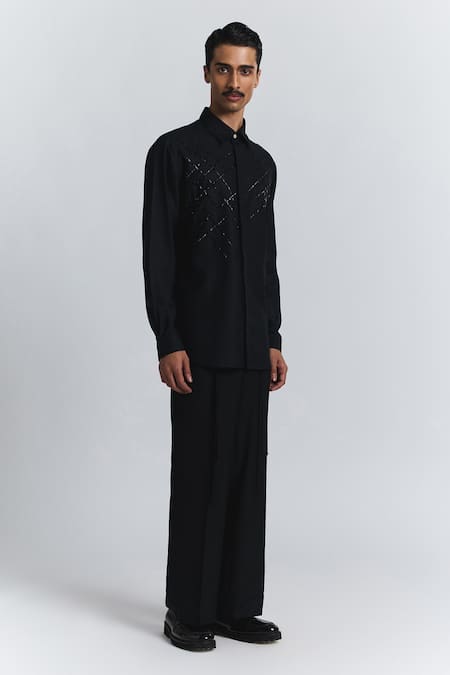 Buy_Line Out Line_Black Beads, Embroidery Lunar Grid Shirt _Online_at_Aza_Fashions