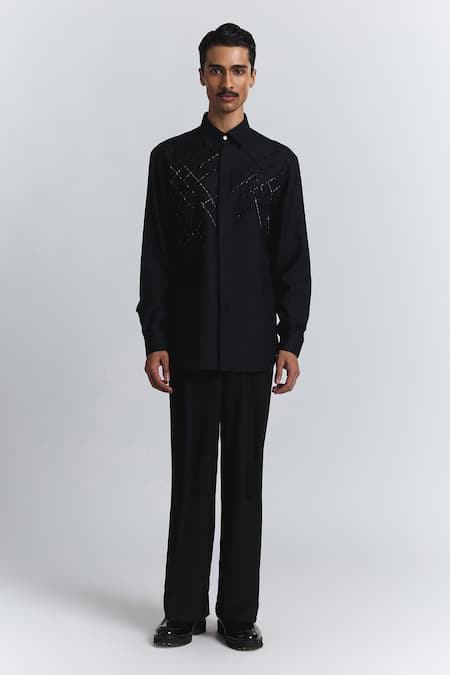 Shop_Line Out Line_Black Beads, Embroidery Lunar Grid Shirt _Online_at_Aza_Fashions