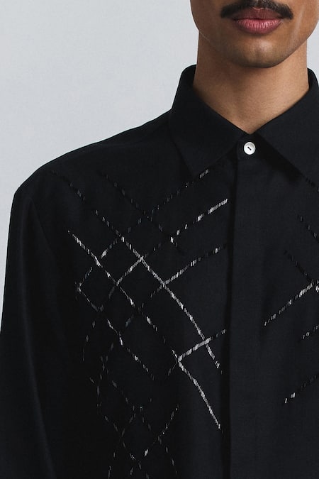 Line Out Line_Black Beads, Embroidery Lunar Grid Shirt _at_Aza_Fashions