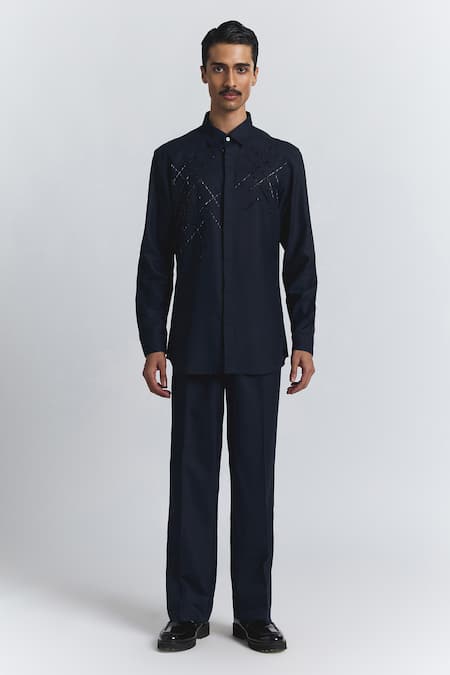Buy Line Out Line Navy Beads, Embroidery Lunar Grid Shirt Online at Aza Fashions Buy_Line Out Line_Navy Beads, Embroidery Lunar Grid Shirt _Online_at_Aza_Fashions